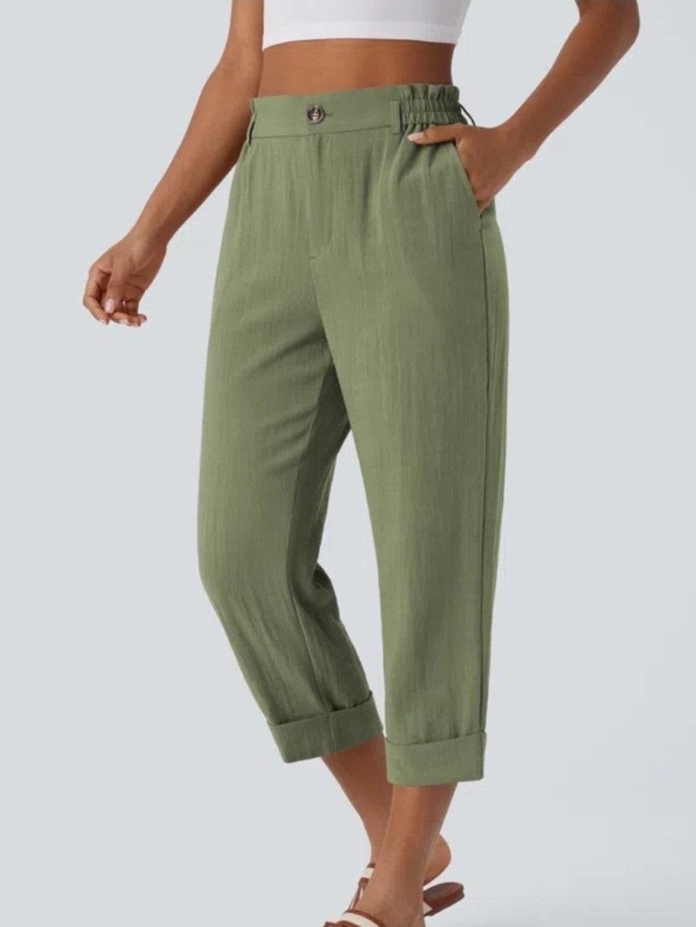 High Waisted Zipper Pocket Cropped Linen-Feel Pants Size Large Reg. 246B9